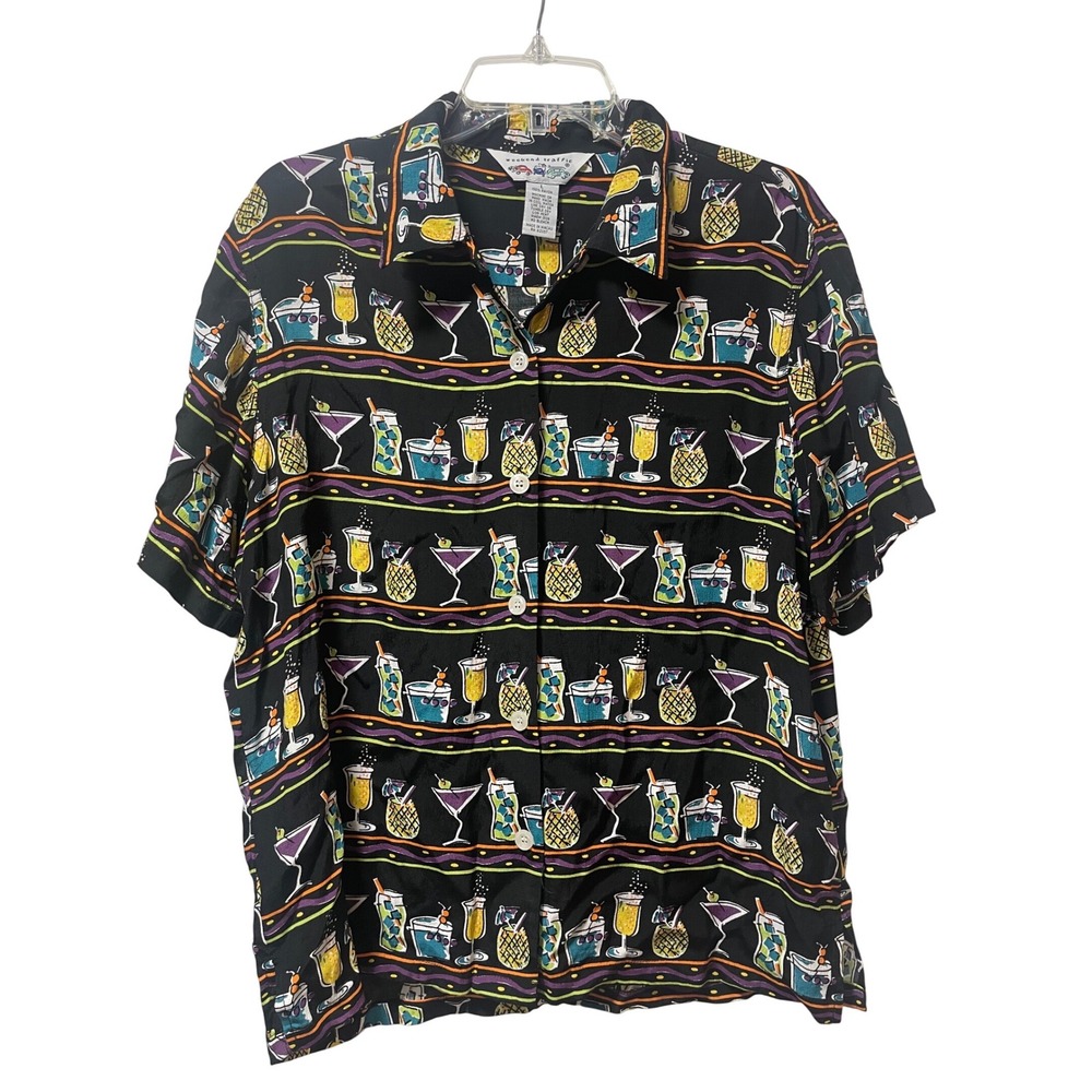 Weekend Traffic Mens Large Rayon Hawaiian Shirt Black Cocktail Pineapple Print‎